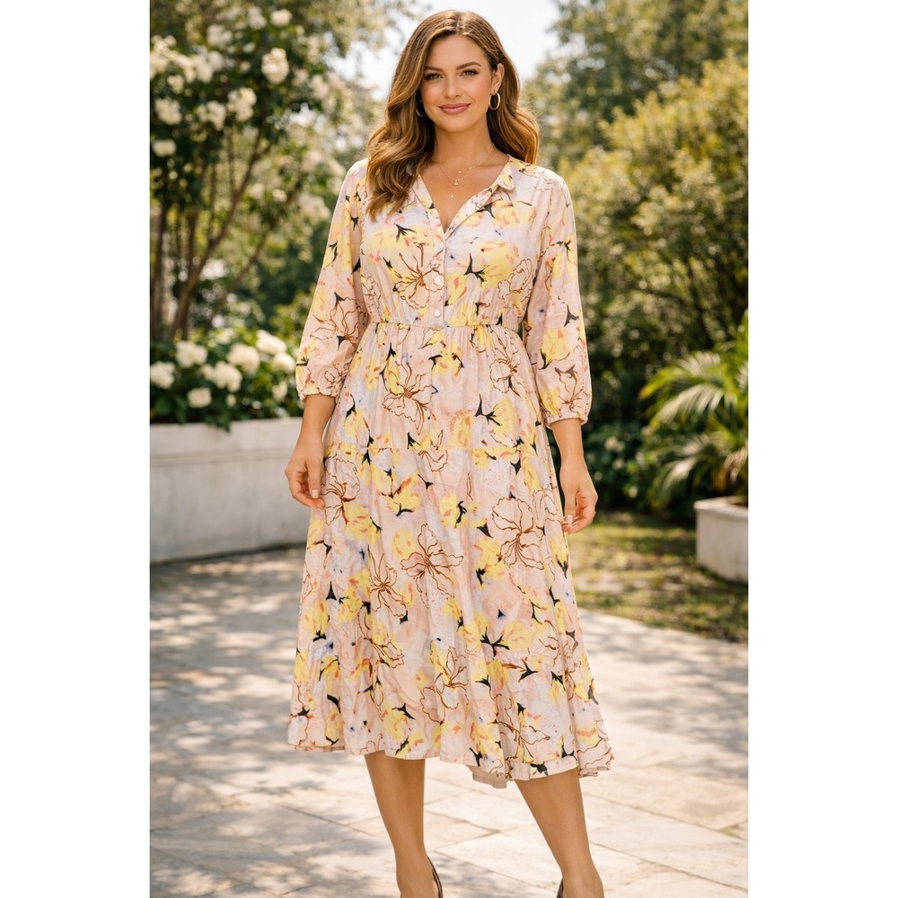 Style & Co Floral Midi Dress 1X Pink Yellow Button Front Long Sleeve Boho... - Picture 2 of 11